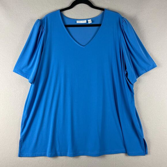 Susan Graver Tops - Susan Graver Tunic Top Womens 3X Liquid Knit Blue Puff Shoulder Stretch Casual